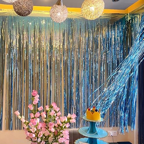 Miniatura 10 de Paquete de 3 cortinas de fondo para decoración de fiesta serpentinas con flecos telón de fondo con flecos decoración de fiesta de cumpleaños