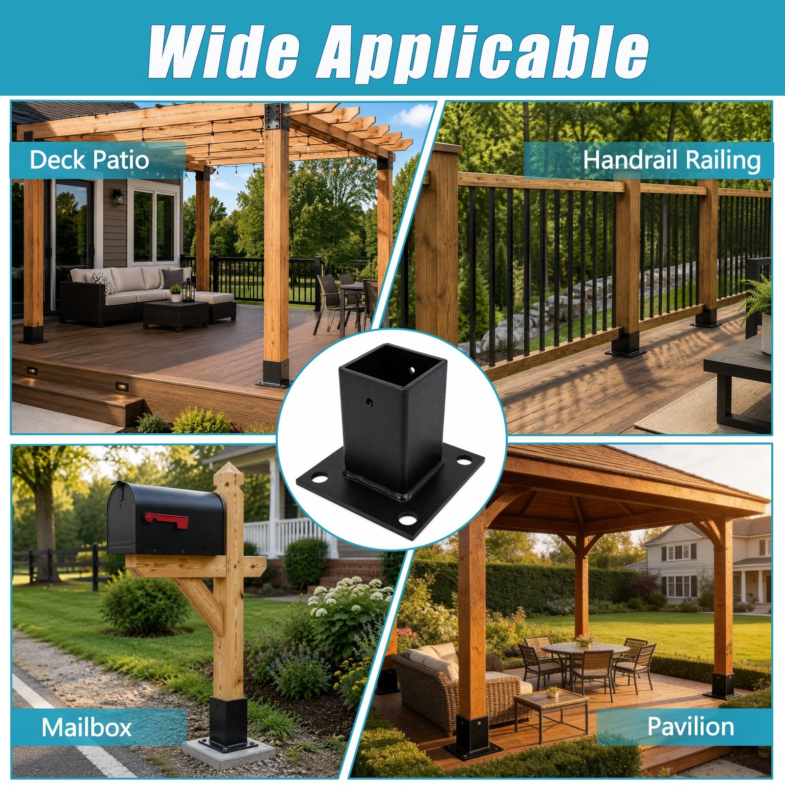 4 Pack Soporte poste gazebo negro con pintura polvo kit montaje | Soporte de poste resistente y resistente al óxido buzones/cubiertas/herrajes construcción exteriores(71x71mm/2.8x2.8")