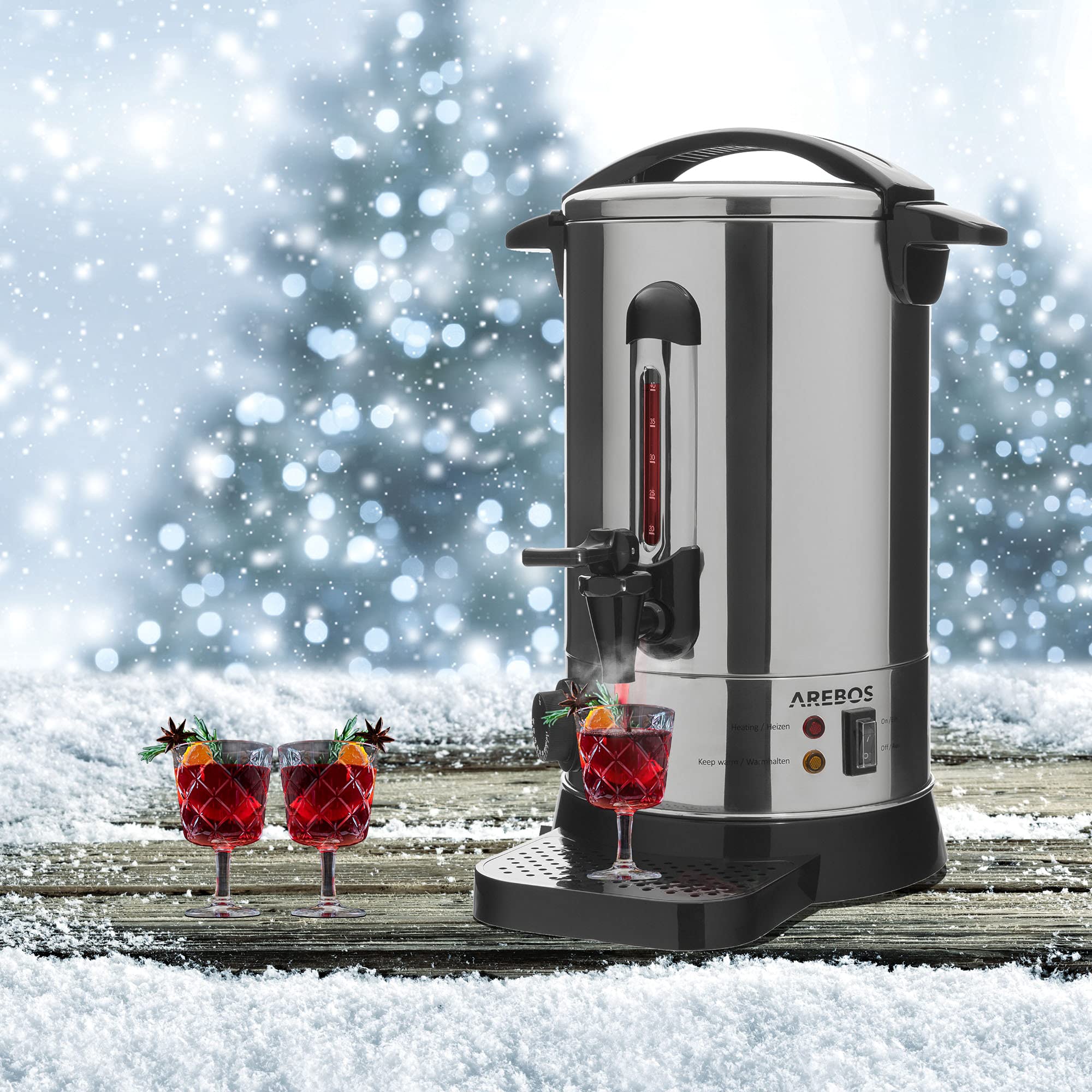 Arebos Pentola Bollitore 8,8 L 950 W | Dispenser Acqua Calda Vin Brulè Caffè Tè | Distributore Elettrico Bevande Calde con Rubinetto | Temperatura Impostabile 30-110 °C