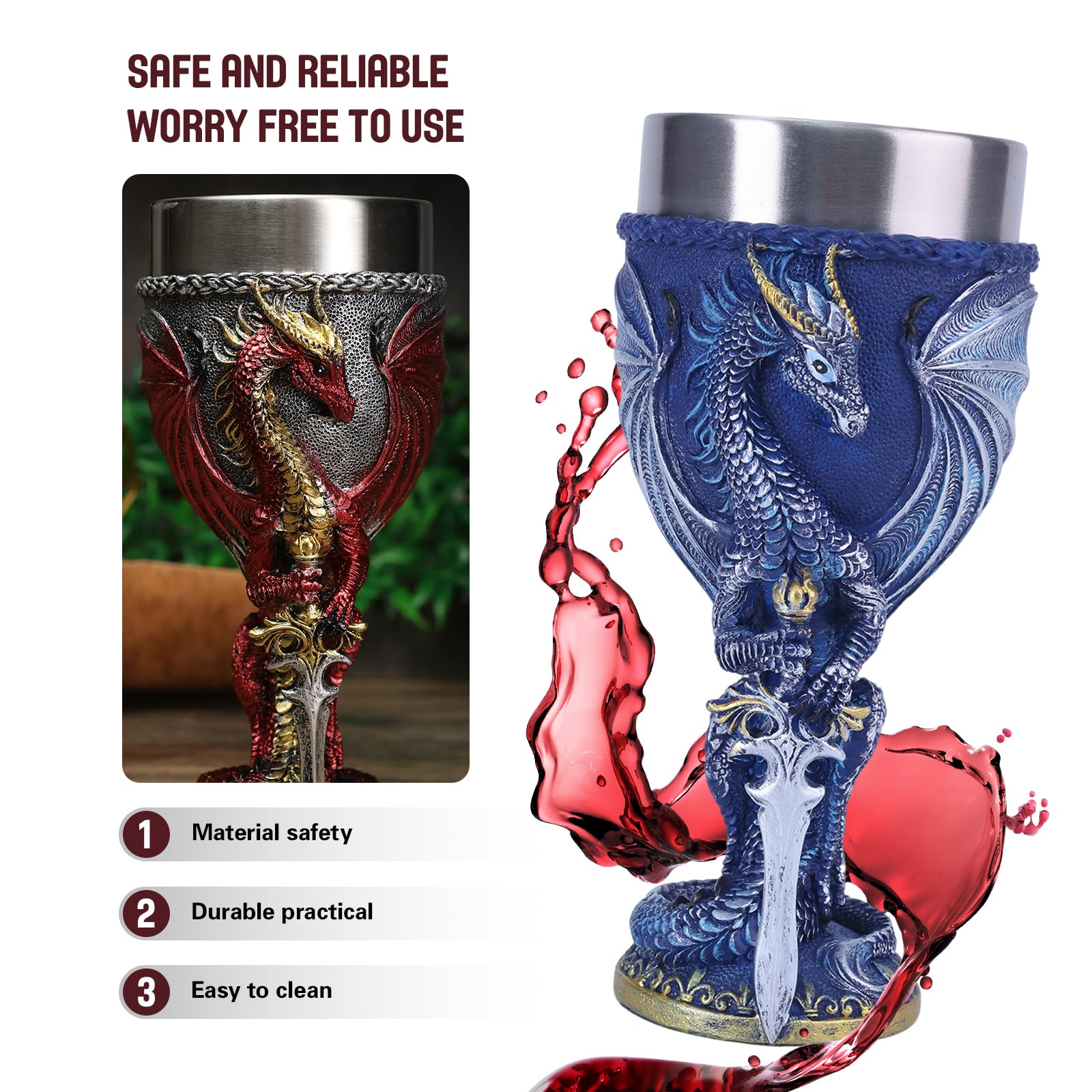 Mittelalter Drache Kelch, Gotischer Drachen Kelch, Goblet Resin Wine Cup with Stainless Steel Lining,Fantasy Dungeons and Dragons Chalice,200 ml (Blauer Schwert-Drache)