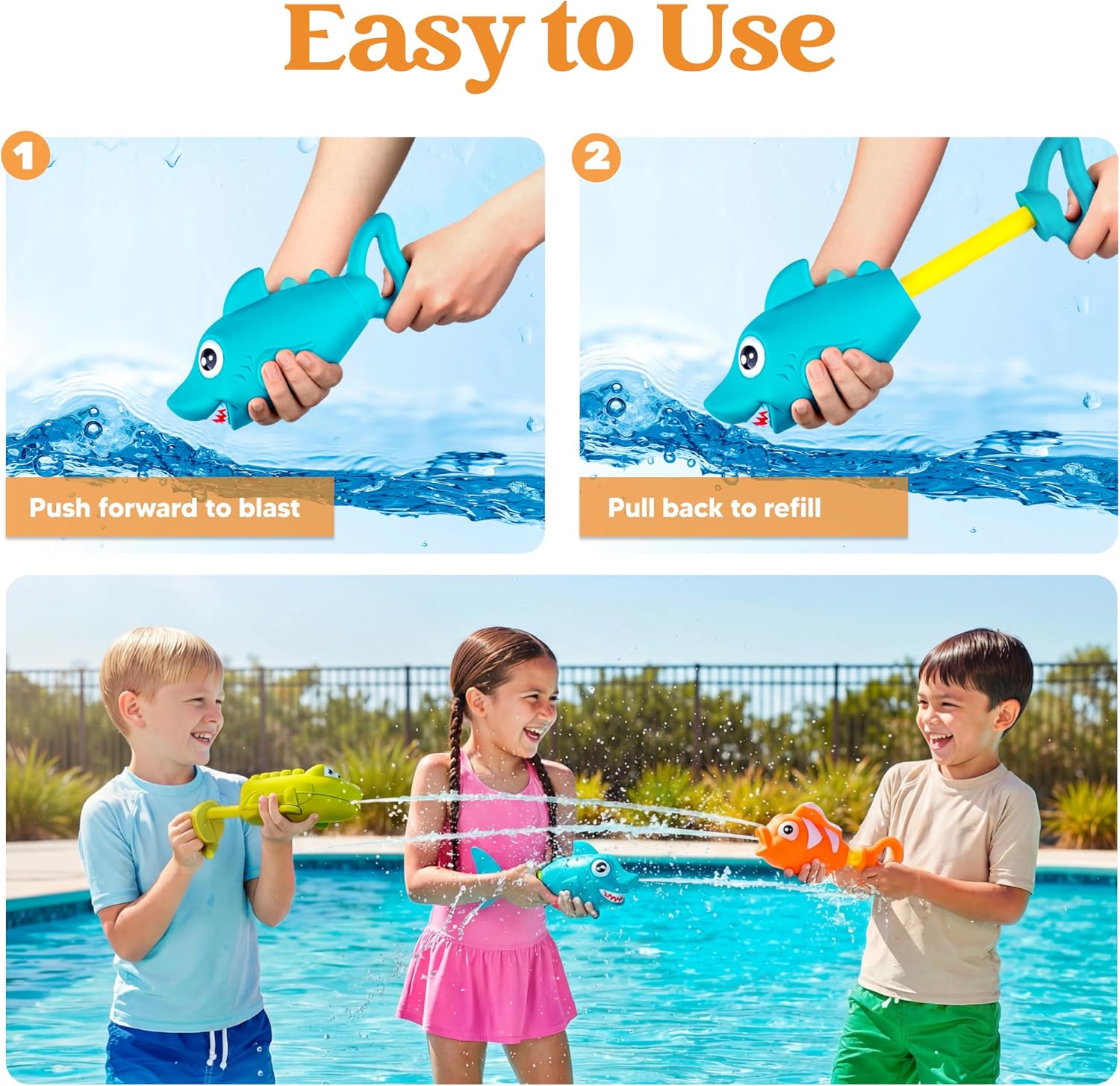 JOYIN 3 Pack Animal Water Guns for Kids, Assorted Colors, 7.5in Long, Easy to Fill and Shoot, Durable Plastic, Water Soakers for Kids Swimming Pool Beach Outdoor Activity Fighting Play Toys
