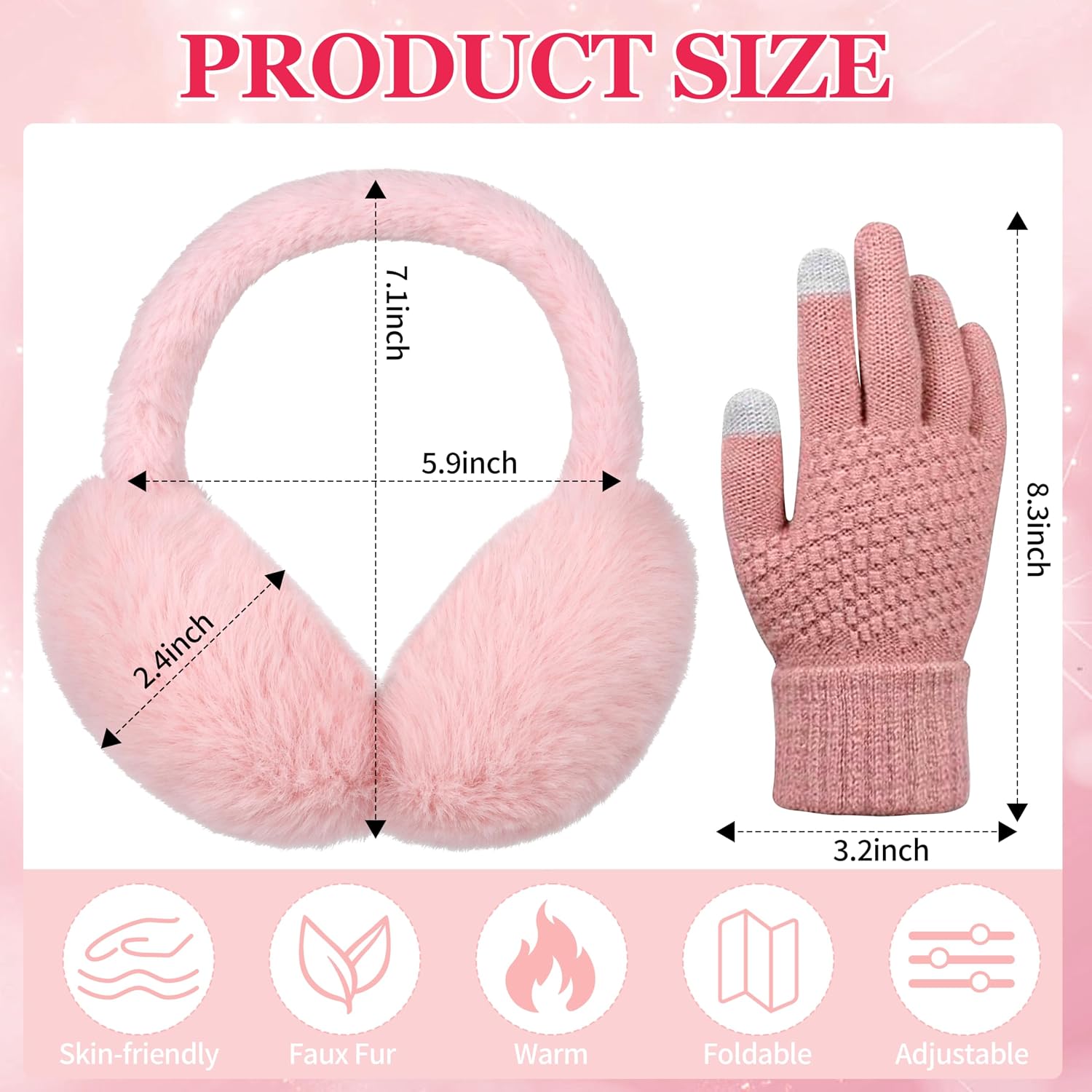 Winter Ear Muffs Gloves for Women Foldable Faux Fur Earmuffs, Adjustable Ear Warmers Covers Headband for Cold Weather
