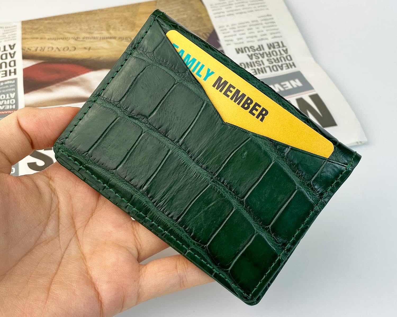 HATA Green AIIigator Bifold Leather Credit Card Holder with RFID Blocking Minimalist Croc Belly Double Side Front Pocket Wallet Travel ID Case Handmade Gift Men Father Boss Son GREEN-CARD-14