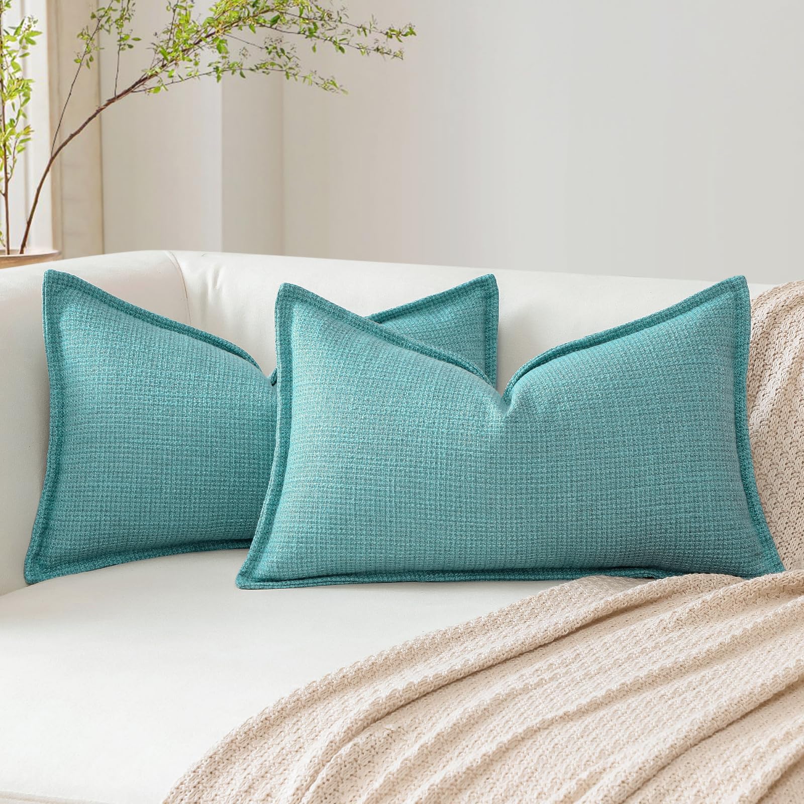 Artscope Pack of 2 Turquoise Decorative Cushion Covers 16x24 Inch Soft Linen Texture Couch Throw Pillows Farmhouse Pillow Covers with Elegant Design for Sofa Bedroom Living Room Home Decor 40 x 60 CM