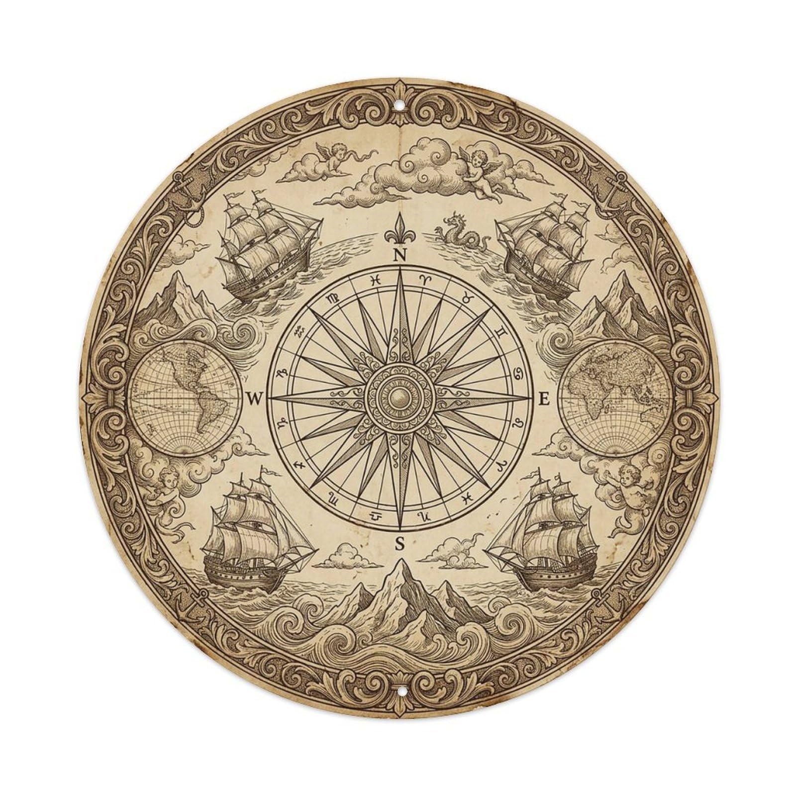 Vintage Nautical Compass World Map Roving Heritage Metal Tin Sign