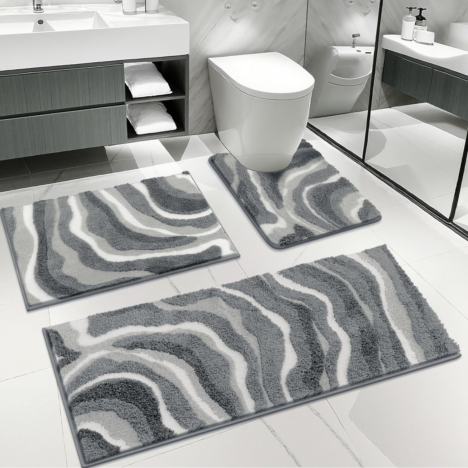 Enyhom Juego de 3 Alfombrillas de Baño Antideslizante, Alfombra Baño de Microfibra Super Absorbente Lujosos, Tapete Casa de Banho Suave y Cómoda, Lavables a Máquina, Alfombras para Baño, Aseo, Gris
