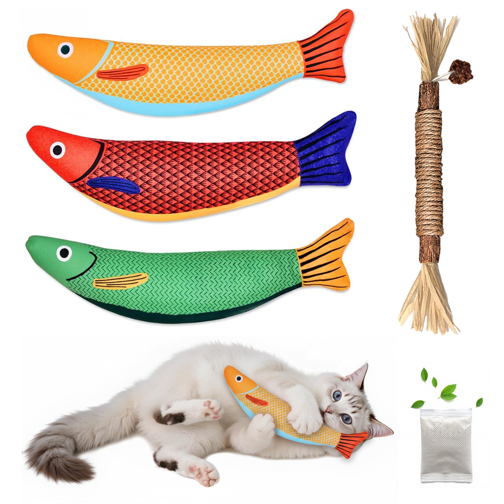 Catnip Toys Saury Fish, Cat & Kitten Chew Kicker Interactive Crinkle Toys for Bored Indoor Adult Cats & Kitten, Cat Gifts Teething Toys Soft and Durable for All Breeds