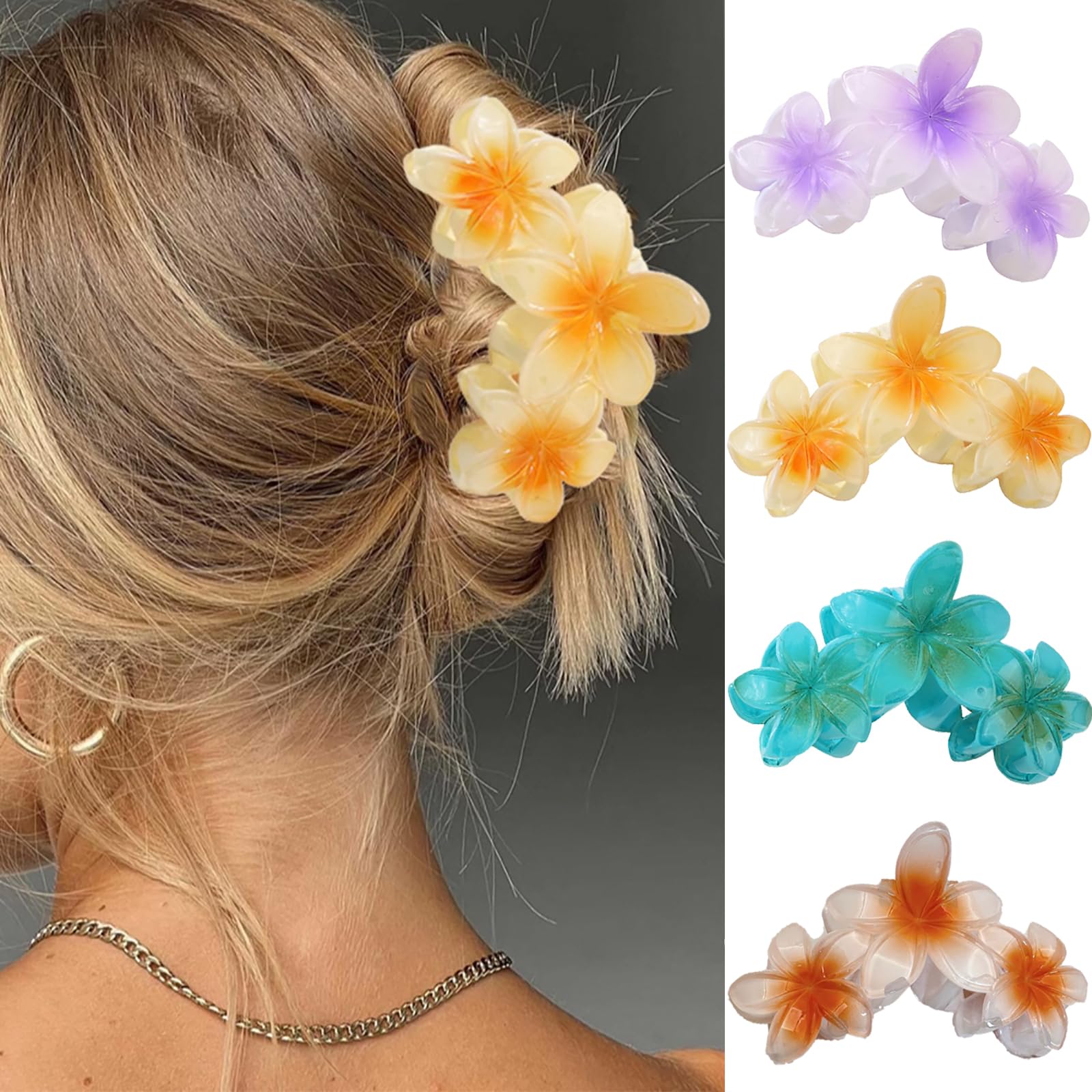 RUIENGCOMM 4 Pcs Flower Hair Clips Non Slip Flower Claw Clips Strong Hold Hair Claw Large Hair Clip for Medium Thick Hair for Girls and Women Straight Curly Wavy Hair (4PCS color)