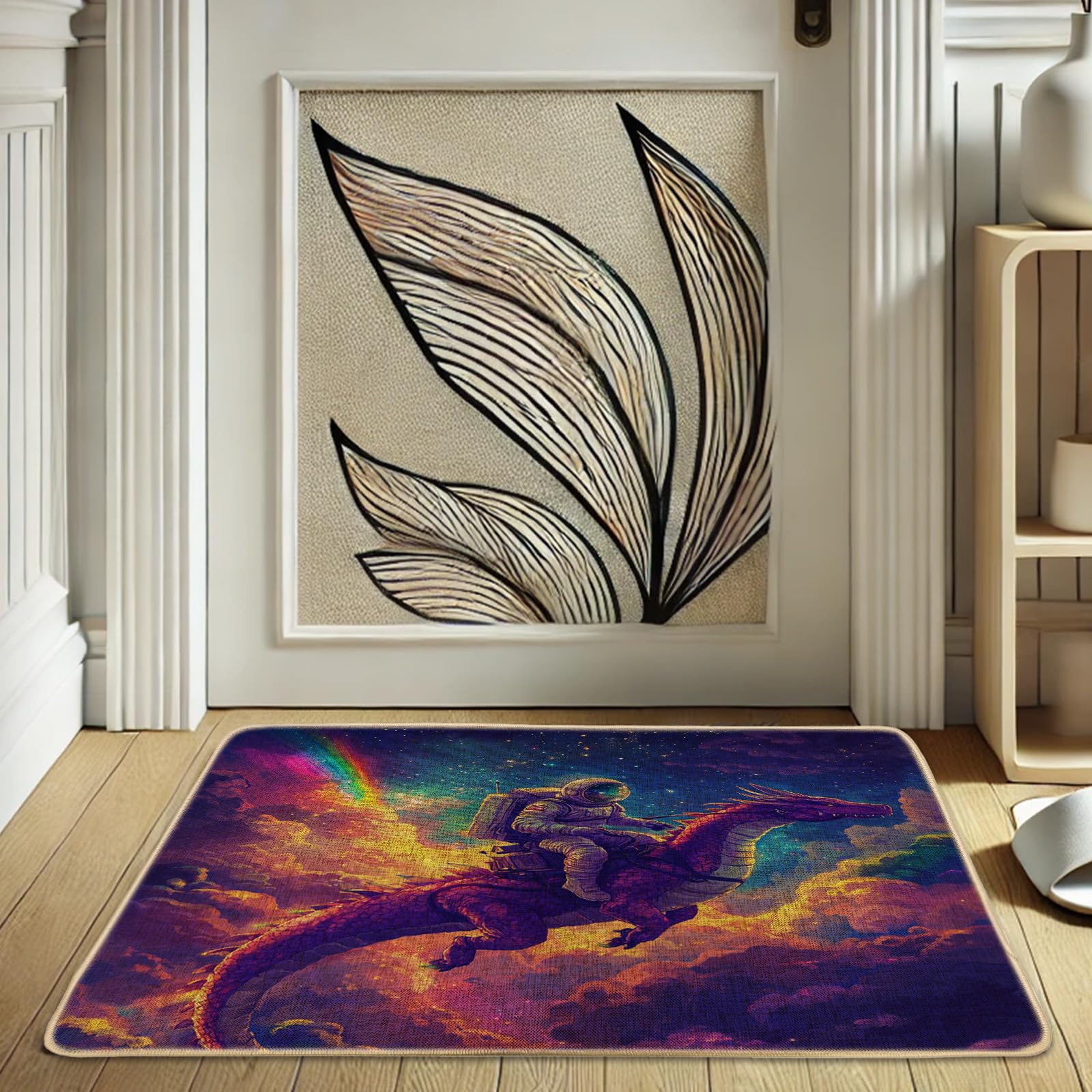 Cosmic Dinosaur Doormat, Colorful Astronaut Entrance Mat for Outdoor & Indoor Use, Singular Space Theme Decor, Non-Slip Waterproof Front Door Mat, Easy Clean 29x17 Inch