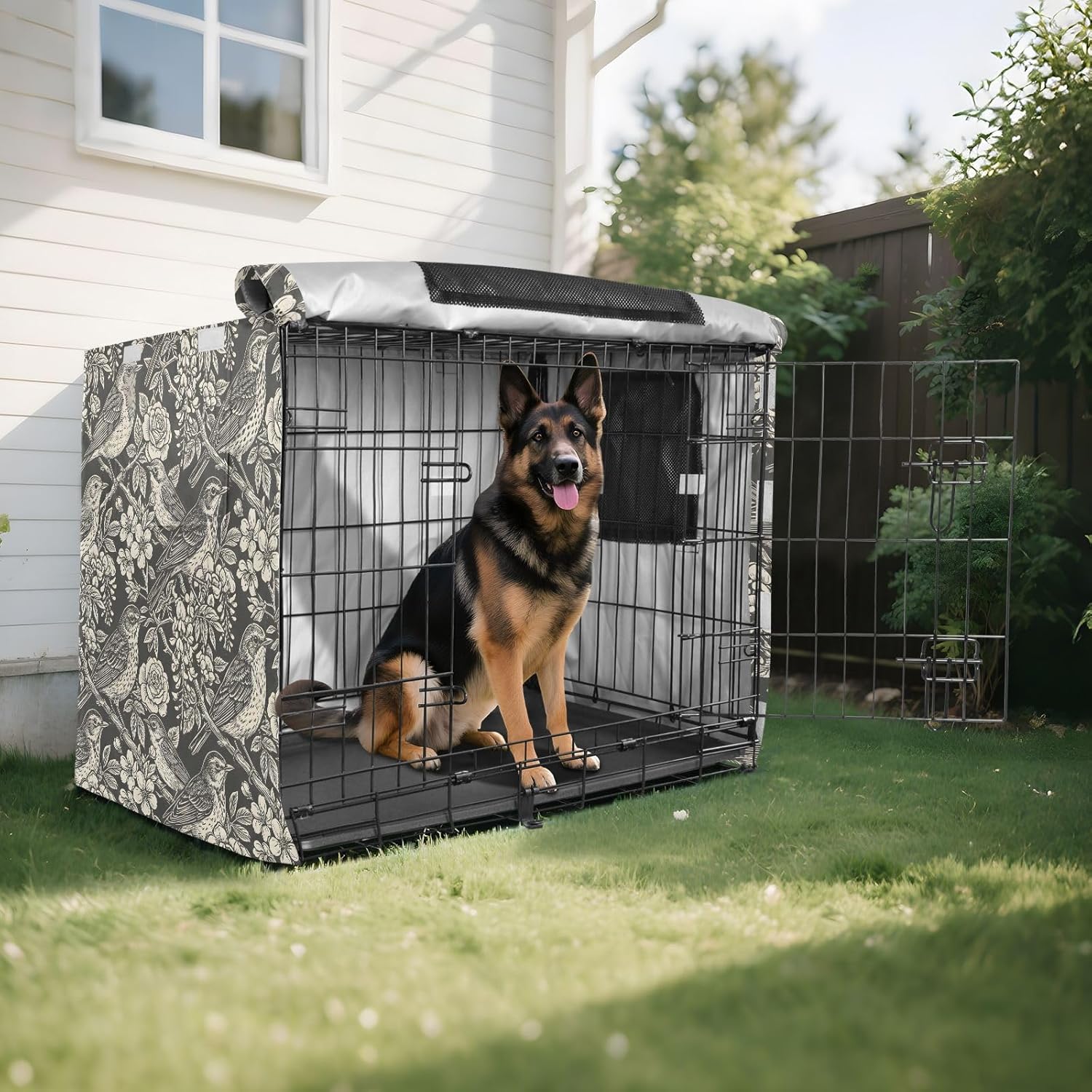 Birds and Flowering Branches Dog Crate Cover 600D Oxford Pet Kennel Cover with Mesh Window for Dog Cages, Windproof Waterproof Machine Washable, 48"x30"x33"