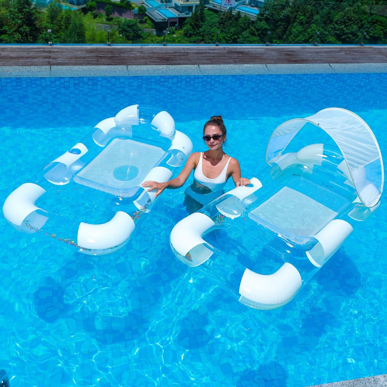 Bouee Piscine, Matelas Piscine Gonflable | Équipé d'un pare-soleil amovible et d'un porte-gobelet, conception de drainage en maille inférieure