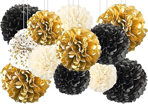 Decoración de Año Nuevo 2026, 12 pompones de papel de seda para colgar, pompones de papel de seda para decoración de fiesta de techo