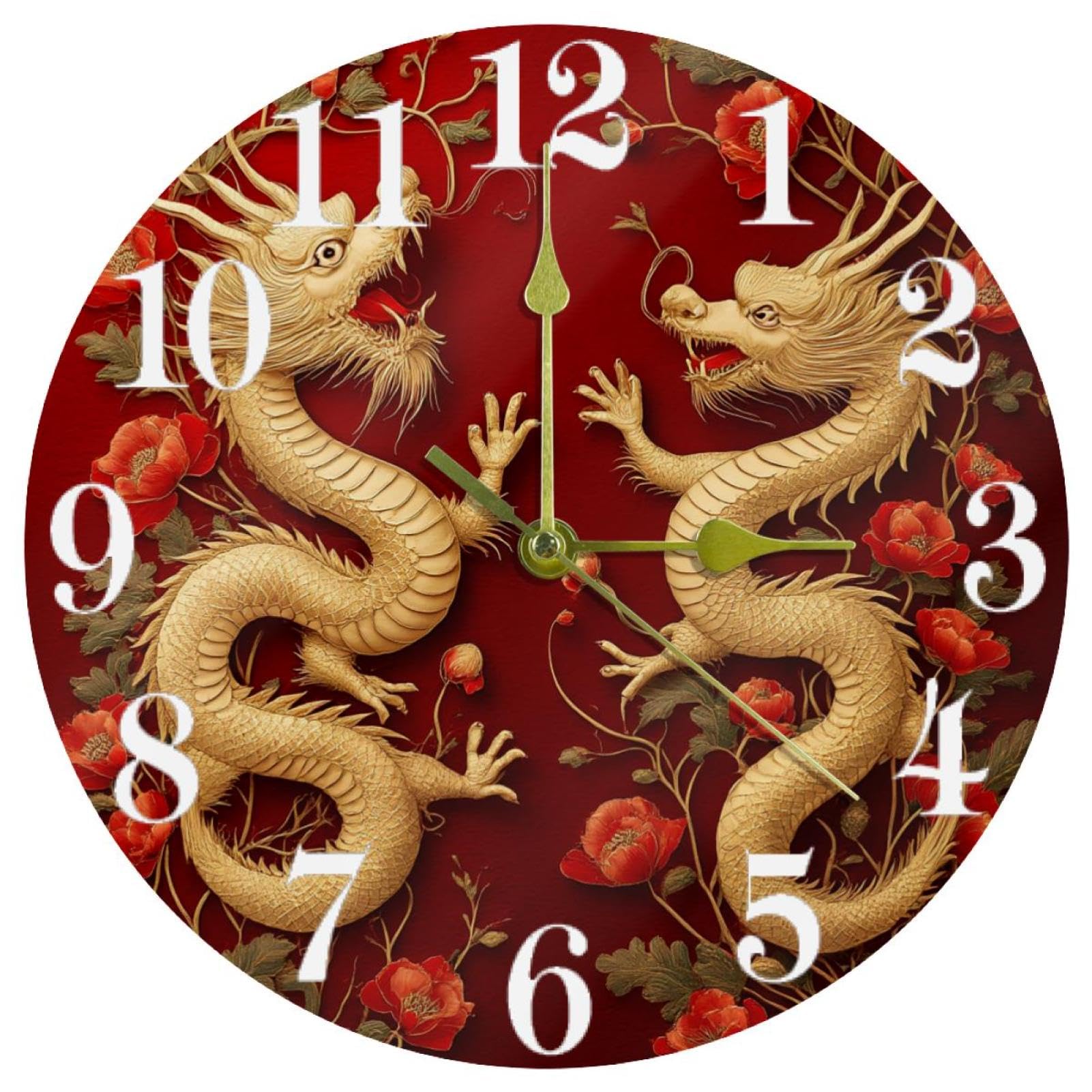 Horloge murale ronde coquelicots rouges et dragons dorés pour cuisine et maison