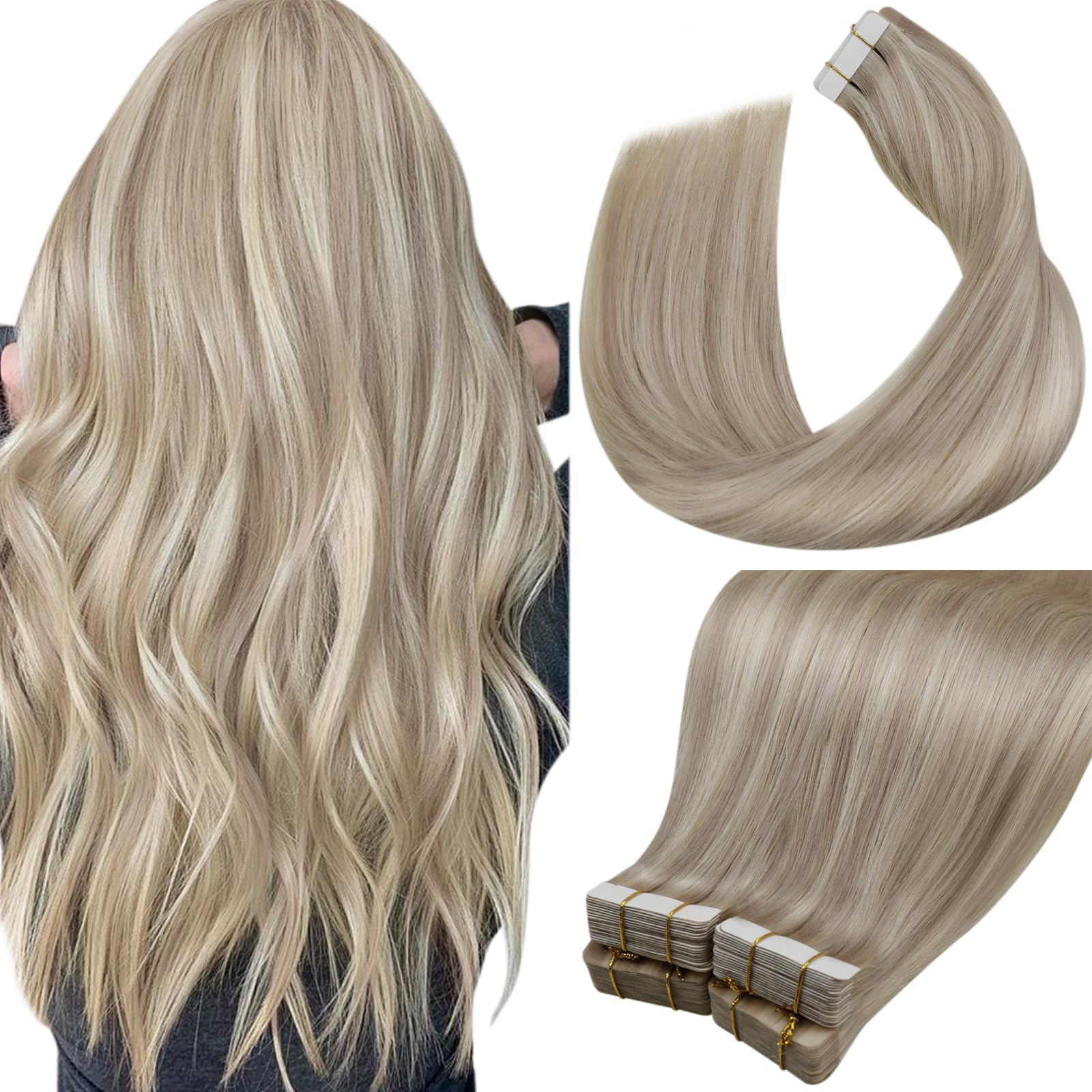 LaaVoo Tape in Hair Extensions Human Hair 100g 40pcs 20 Inch Highlight Ash Blonde Tape Hair Extensions Real Human Hair Invisible Tapes Remy Straight Hair Double Sided Tabs #18/613