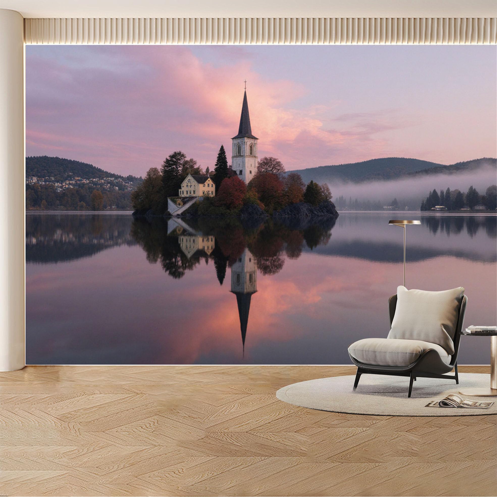 Custom Wall Mural Wallpaper Church Lake Island， Landscape Nature Wall Decor， Misty Sunset Removable SelfAdhesive Large Photo for Living Room， Bedroom， Office