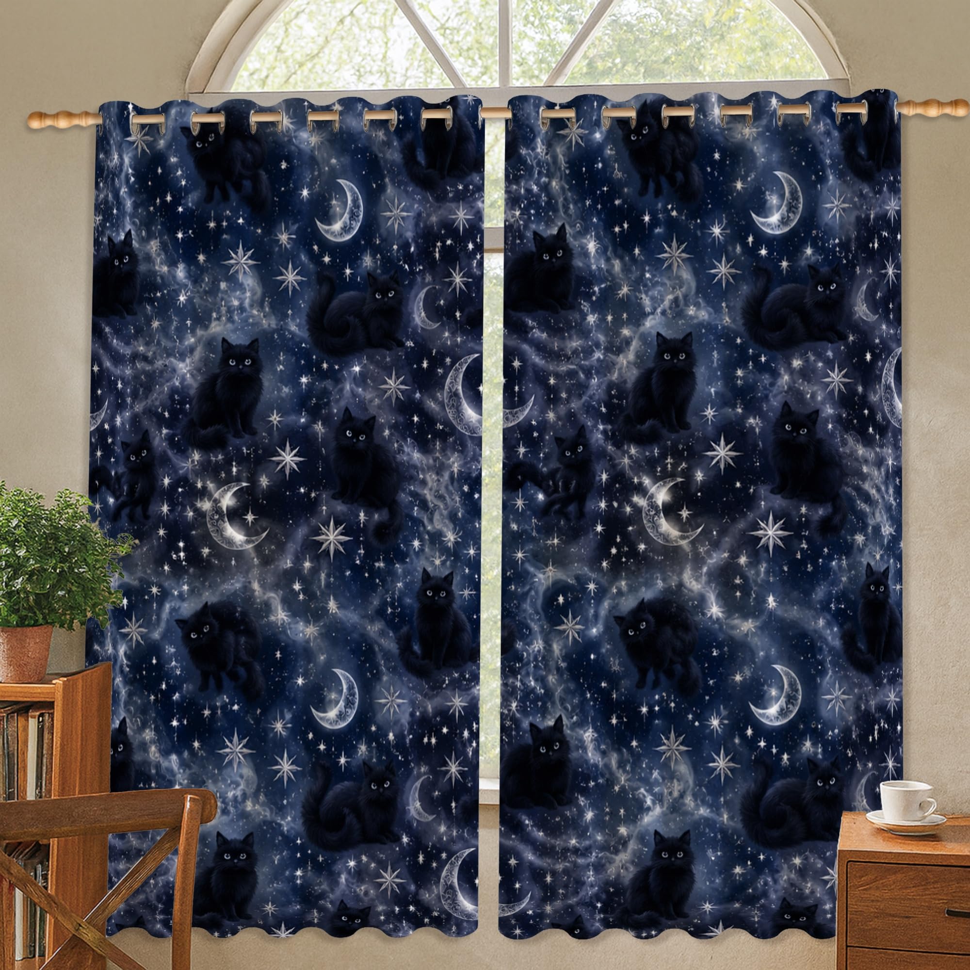 Rideaux occultants mystiques chat et lune bleu marine pour décoration de fenêtre Halloween