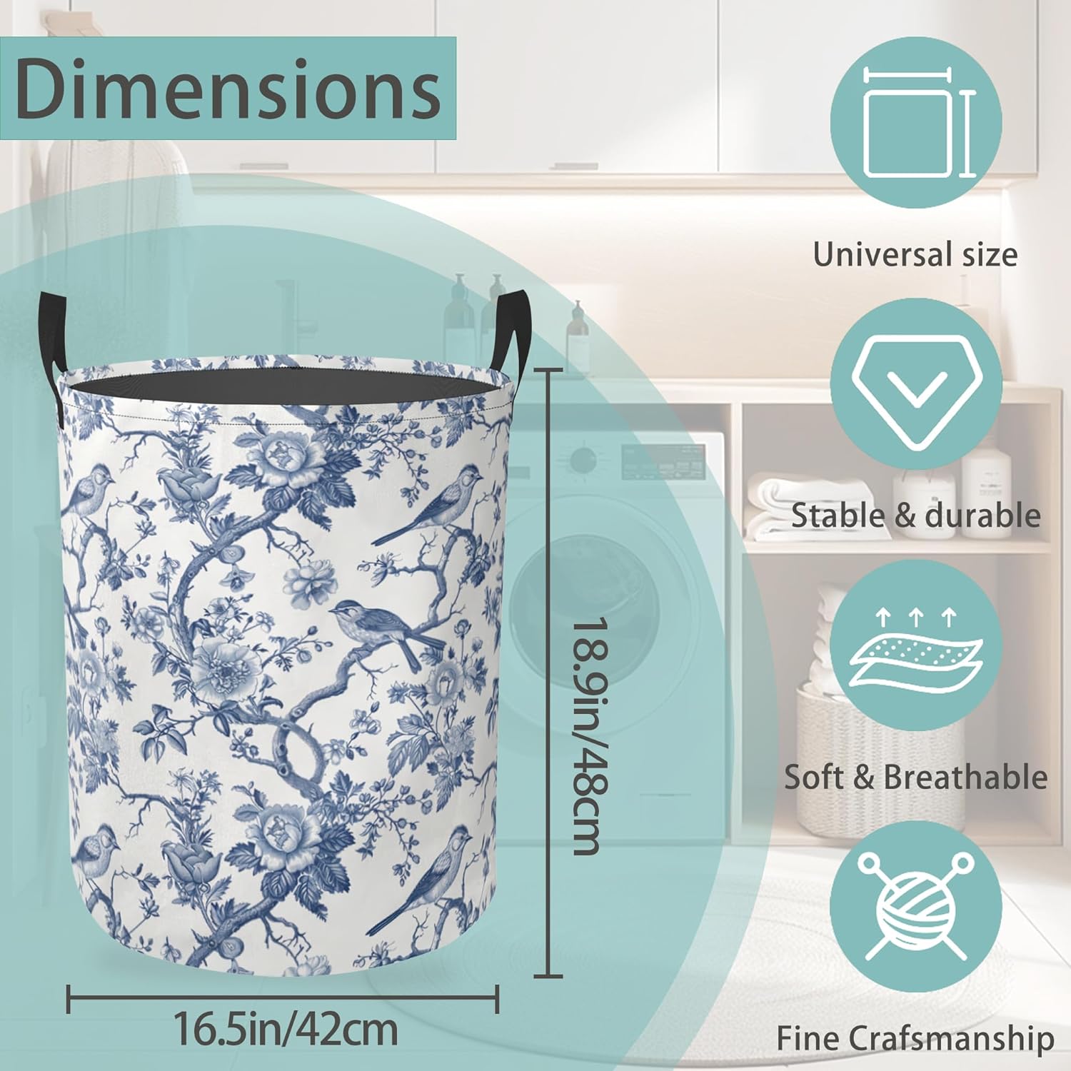 Laundry Hamper Foldable Oxford Cloth Vintage Blue Flower Bird Laundry Basket With Handle Portable Clothes Storage Organizer Basket Storage Bag For Laundry Room/Bedroom/Bathroom