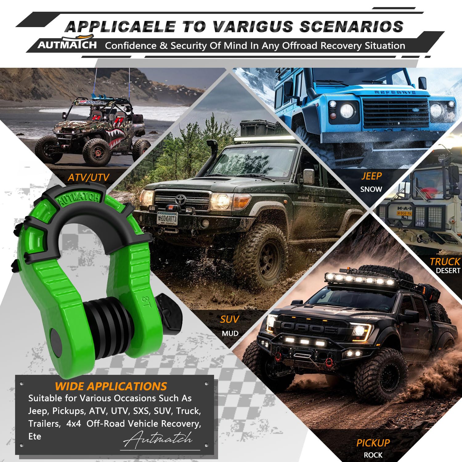 AUTMATCH Grilli ad anello a D da 3/4" (confezione da 2) 68.000Ibs resistenza alla rottura con perno a vite da 7/8" e isolatore e rondelle kit per cinghia di traino argano recupero veicoli fuoristrada