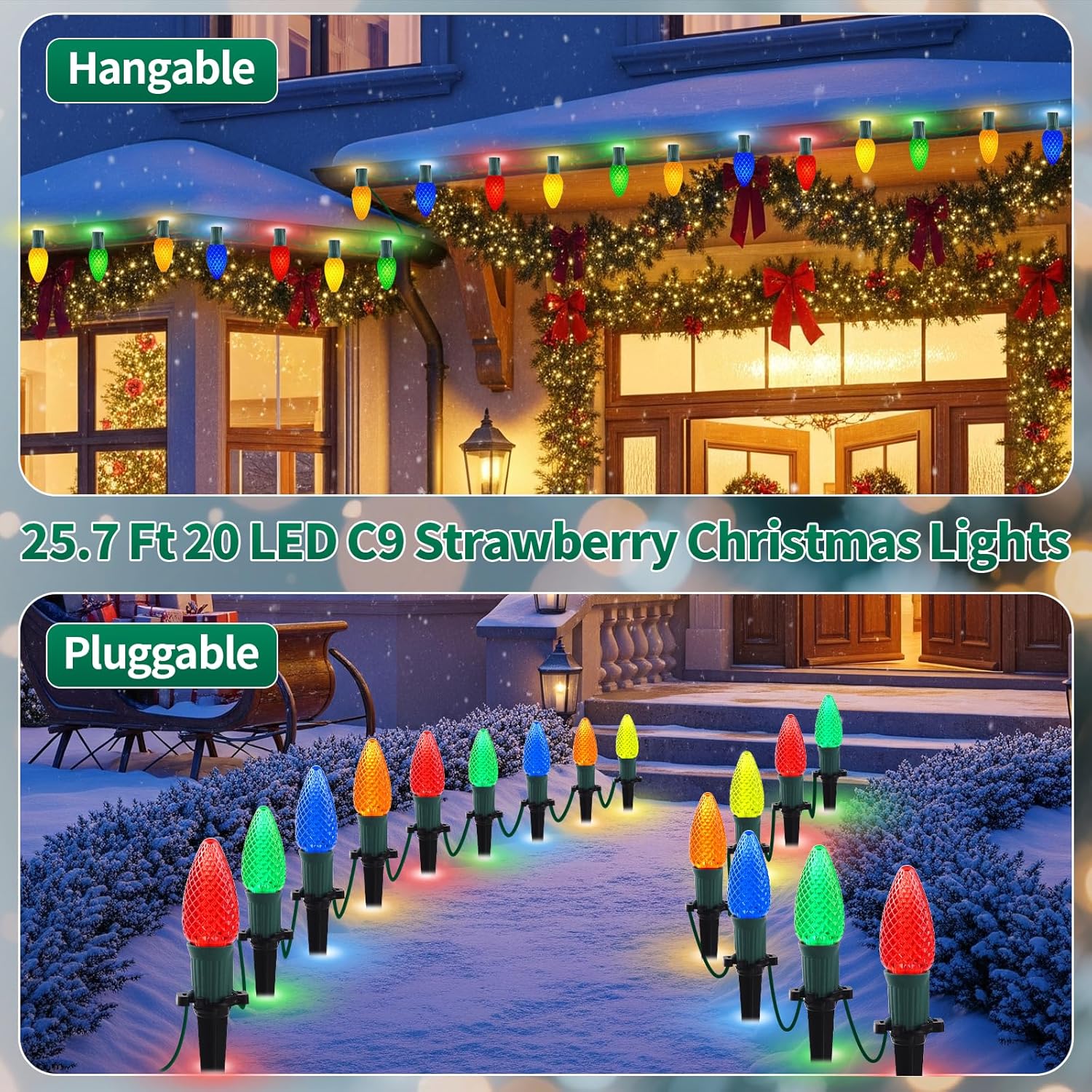 25.7ft Christmas Pathway Lights Outdoor with C9 Strawberry 20 LED Bulbs, Multicolor Christmas Walkway String Lights with Stakes for Driveway, Yard, Patio, Connectable & Weatherproof