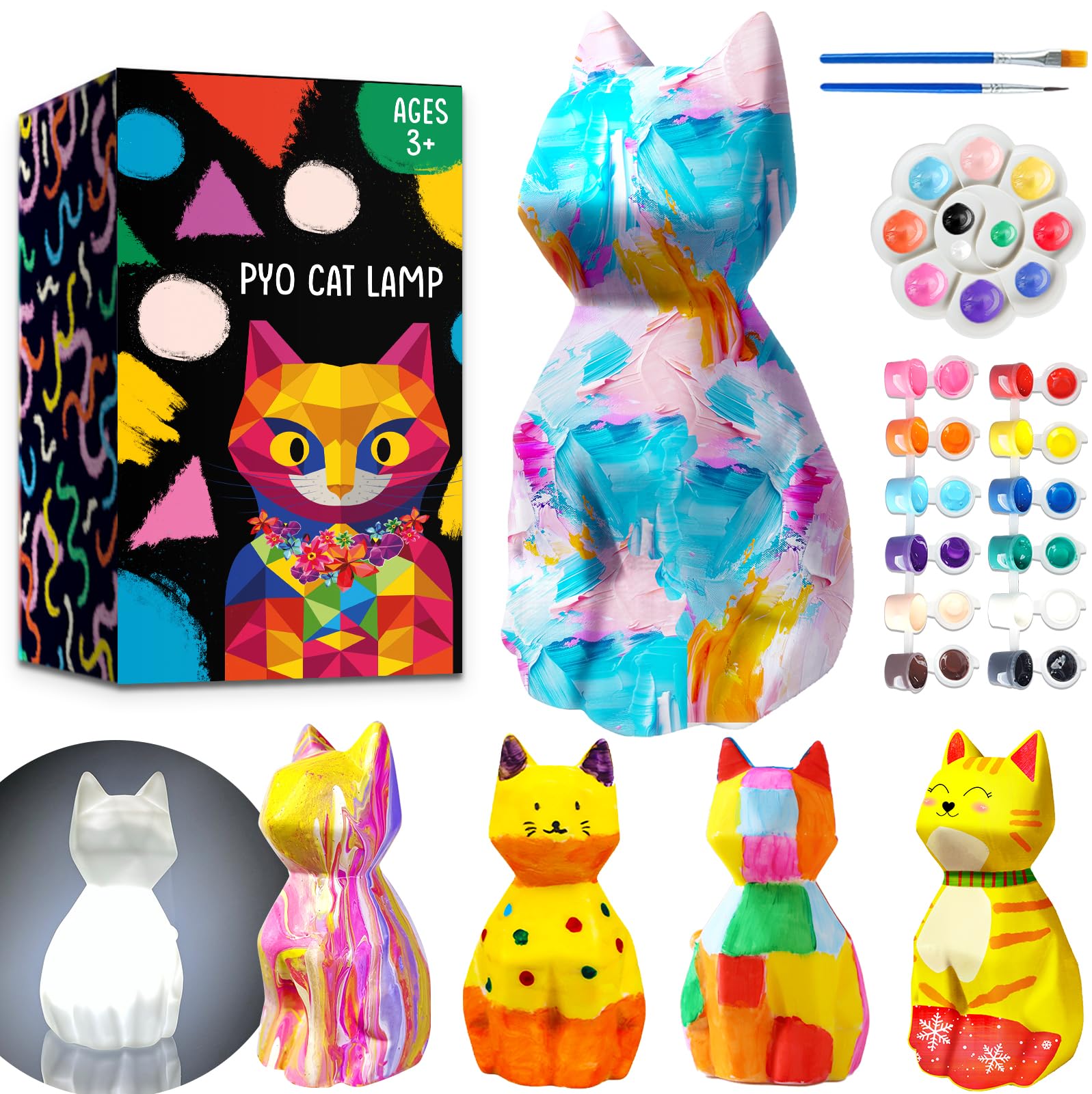 FUNZBO Paint Your Own Cat Lamp Kit - Arts and Crafts Supplies Kitten Painting Set for Kids Teens, DIY Night Light Toy for Toddlers Girls Boys Age 3 4