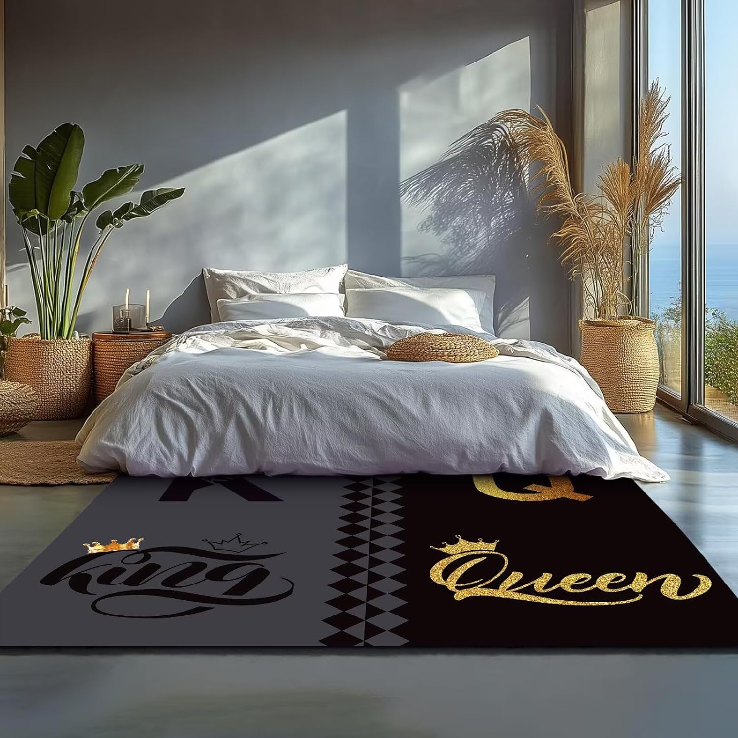 5' X 7' Queen and King Rug Black Grey Area Rugs Dining Living Room Bedroom Kitchen Office Yoga Room Washable Floor Mat Doormats Throw Rug Carpet Room Decor