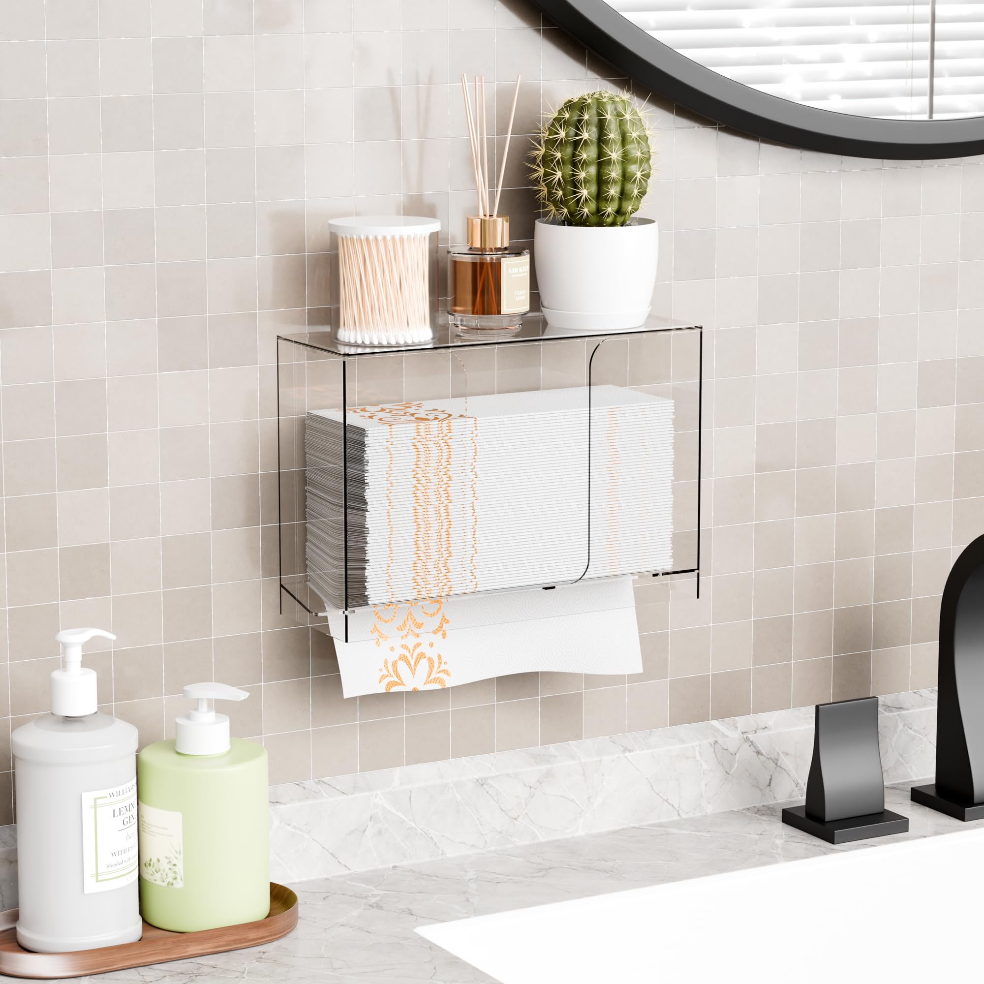 Dispensador de toallas de papel de montaje en pared, dispensador de toallas de papel transparente multipliegue con tapa, adecuado para toallas de papel plegables en Z, plegado en C o multipliegues,