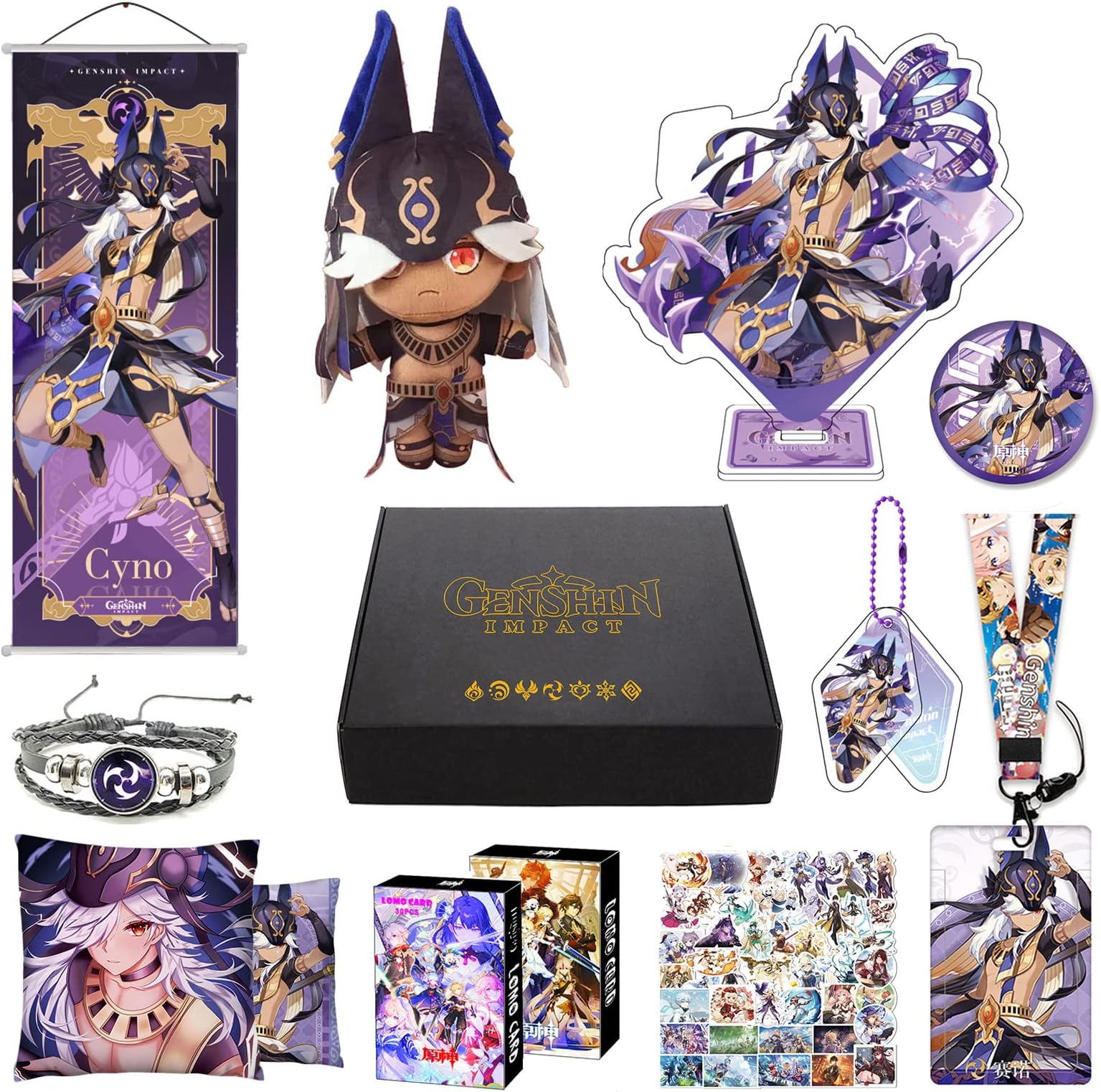Genshin Impact Box Xiao Hu Tao Qiqi Merch Set - Doll, Poster, Pillowcase, Stand Figure, Bracelet, Badge, Keychain, Card Cover, 30 Lomo Cards, 50 Stickers (Cyno)