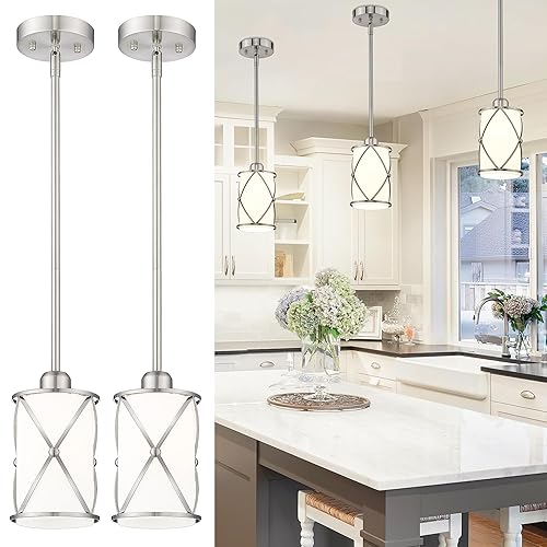 Brushed Nickel Pendant Lights Kitchen Island 2 Pack, Modern Glass