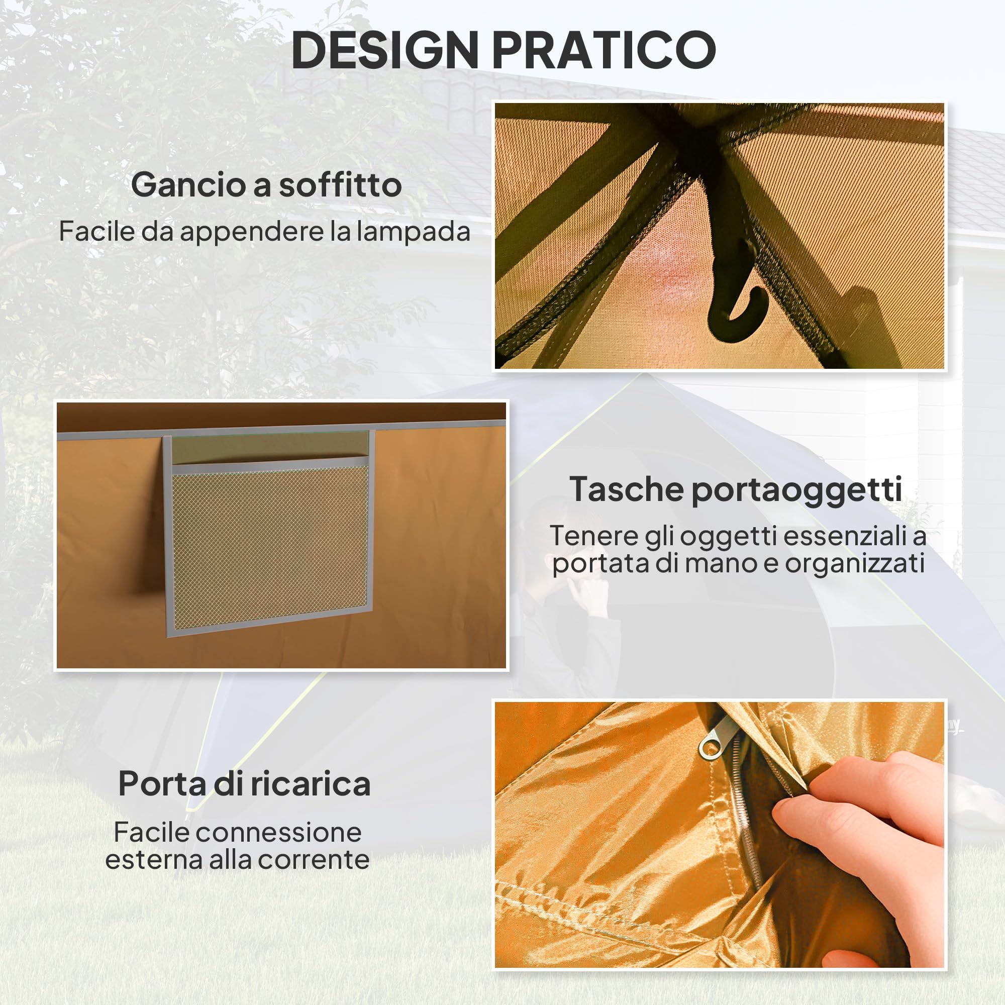 Outsunny Tenda da Campeggio Famigliare per 3 Persone, Tenda da Trekking a Cupola Impermeabile 3000mm con Porta di Ricarica, Tasche, Gancio per Lanterna e Borsa di Trasporto, Arancione e Grigio