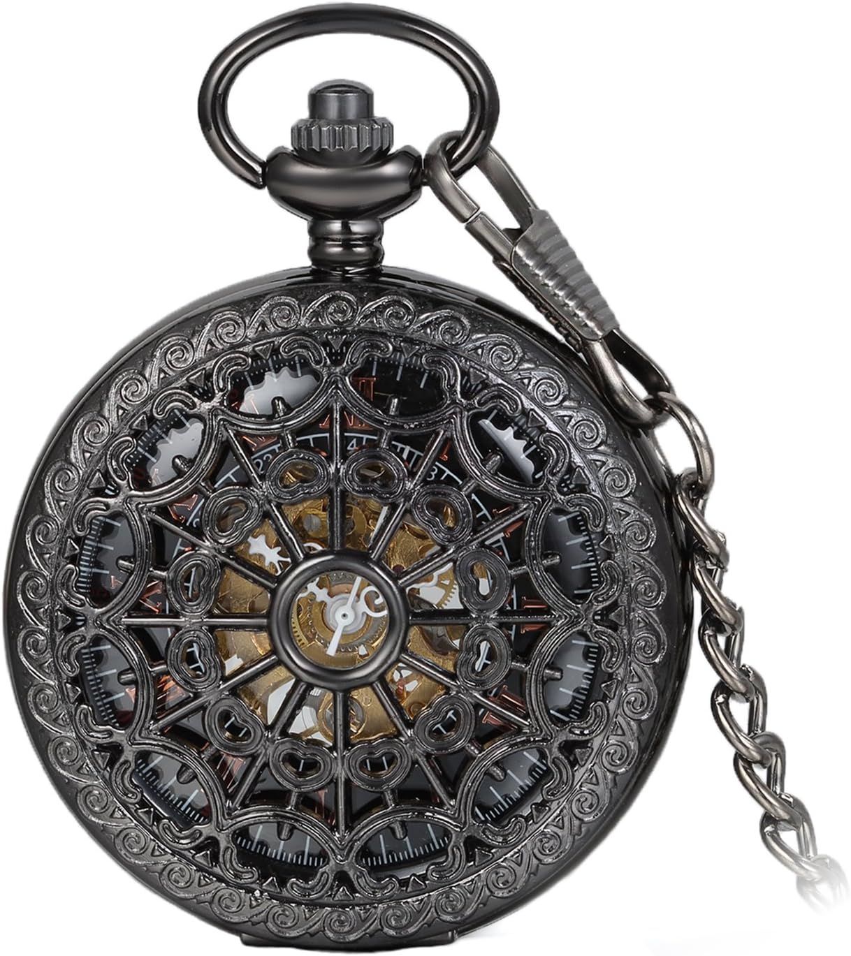 AvanerUnisex Antique Steampunk Black Skeleton Spider Web Pattern Hand Wind Mechanical Movement Roman Numeral Pocket Watch Gift with 14 inches Chain