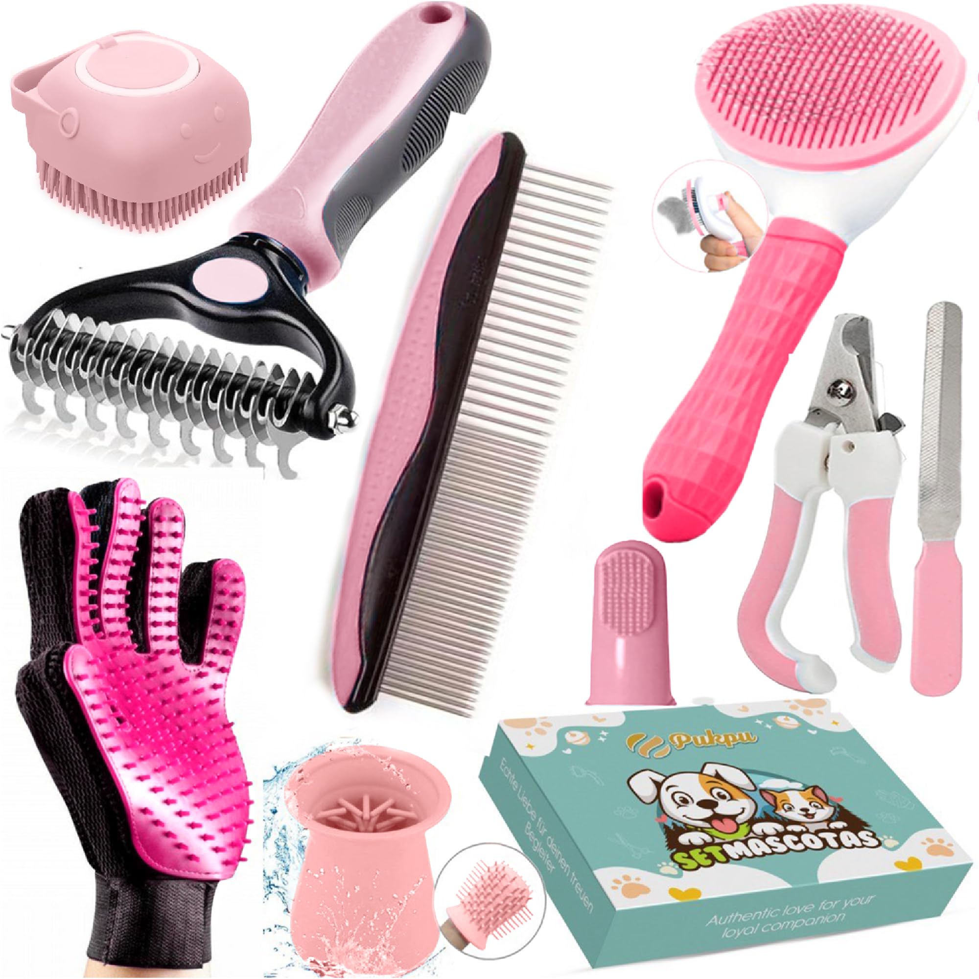 Kit de Aseo para Mascotas 9 Piezas Rosa – Cepillo Gato Pelo Corto, Deslanador Perros, Guante Quitapelos, Limpia Patas, Cortaúñas Gato, Peine y Cepillo Dental