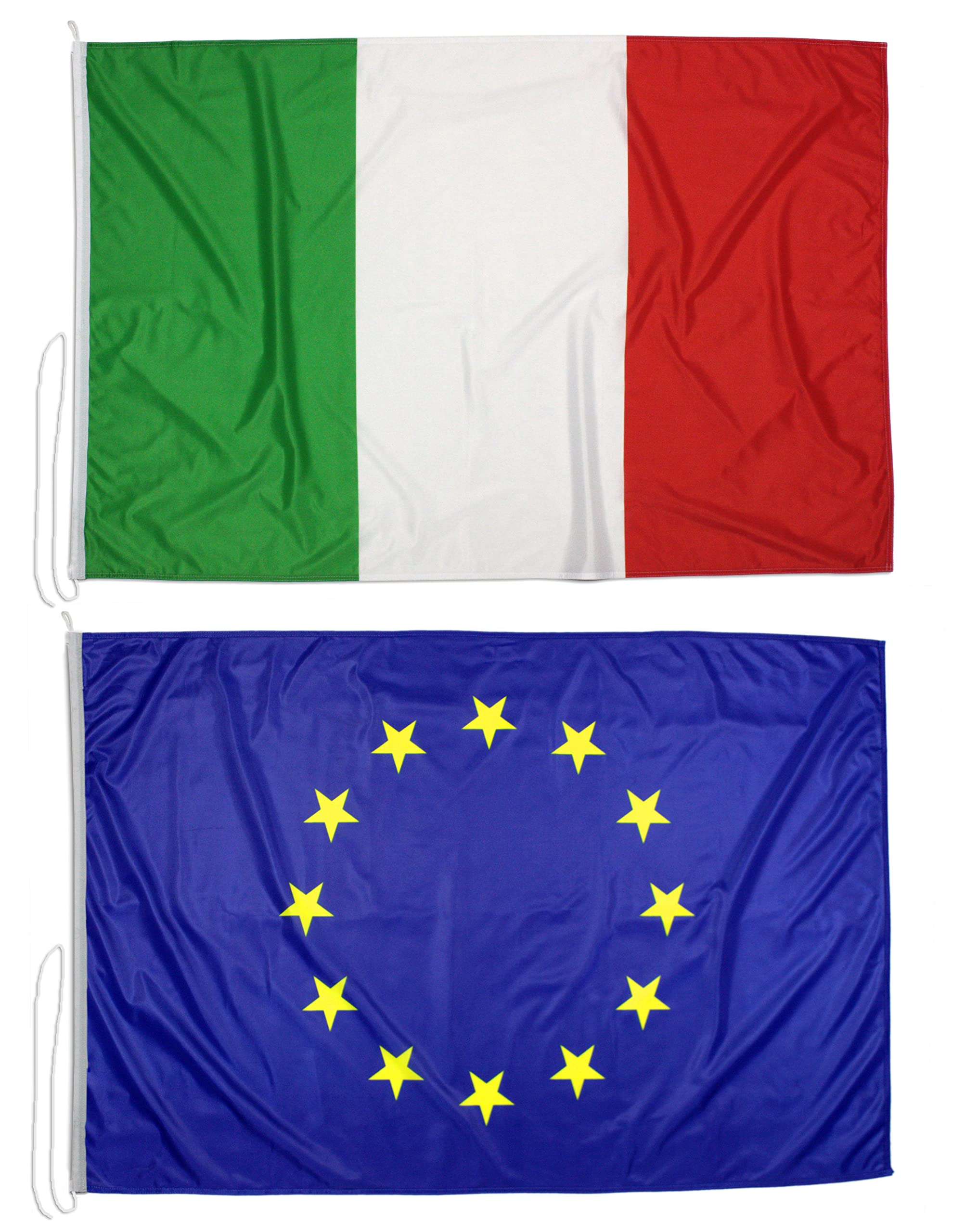 Kit 2 bandiere 150x100 cm (ITA/EU) in tessuto nautico da 115g/m², bandiere Italia e Europa 150x100 cm con cordino, doppia cucitura perimetrale e fettuccia di rinforzo