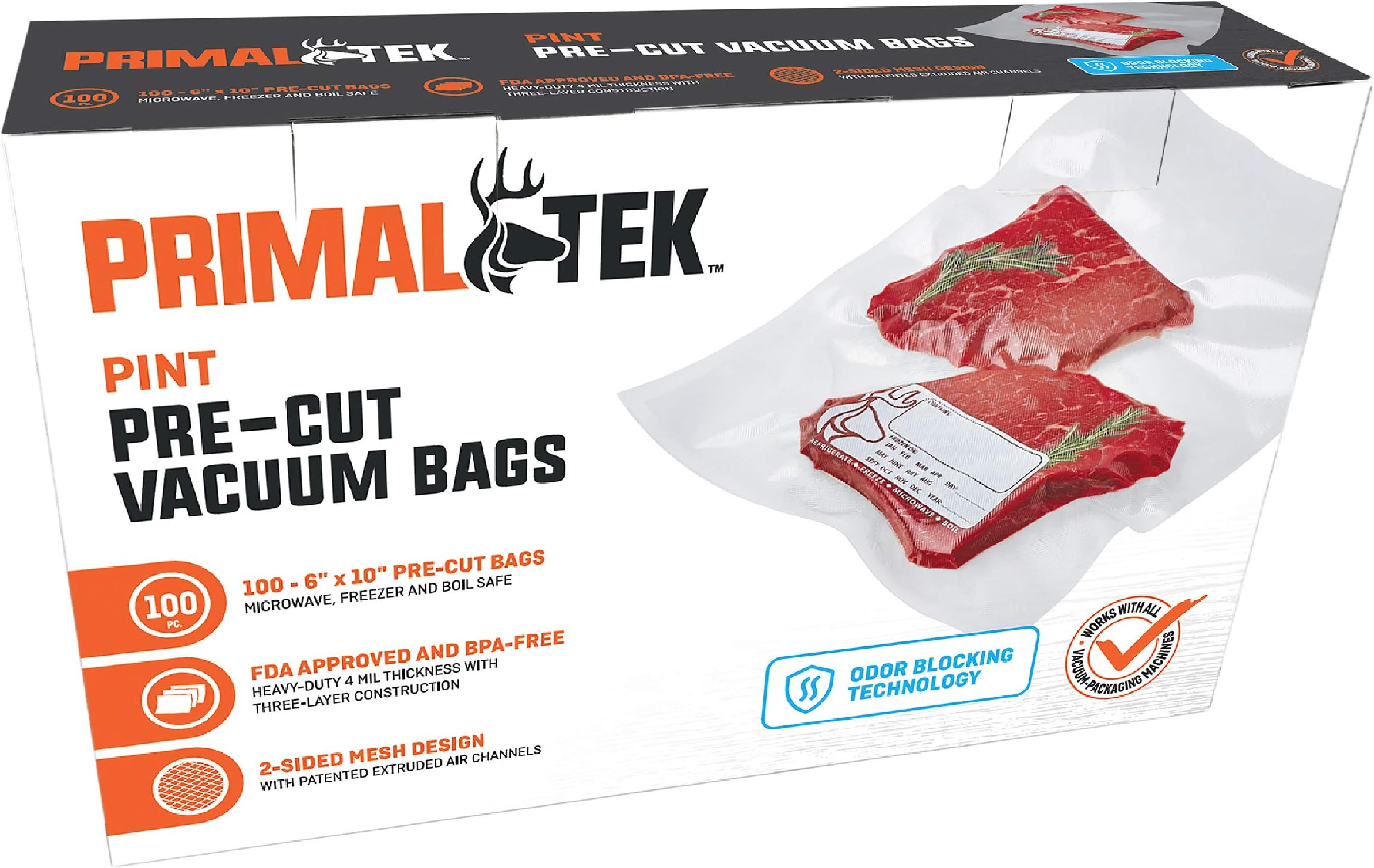 PrimalTek 6” x 10” PreCut Vacuum Bags 100 Pint Bags for