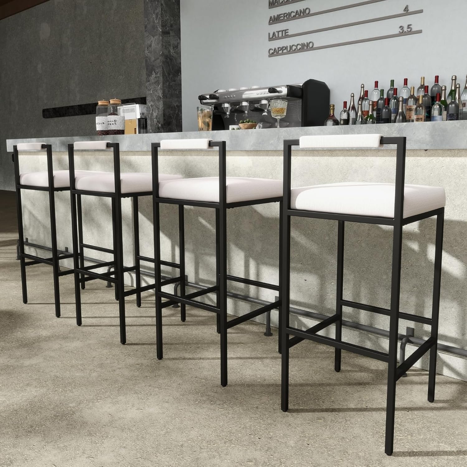 ROCITY Linen Bar Stools Set of 4 Beige Bar Height Barstools 30 Inch Industrial Counter Stools with Metal Legs Upholstered Tall Stool Chair for Kitchen Island