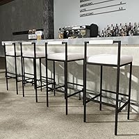 Vista 8 de Juego de 2 taburetes de bar de 30 pulgadas, taburetes altos de barra industrial, taburete de bar tapizado de lino con base de metal, asientos