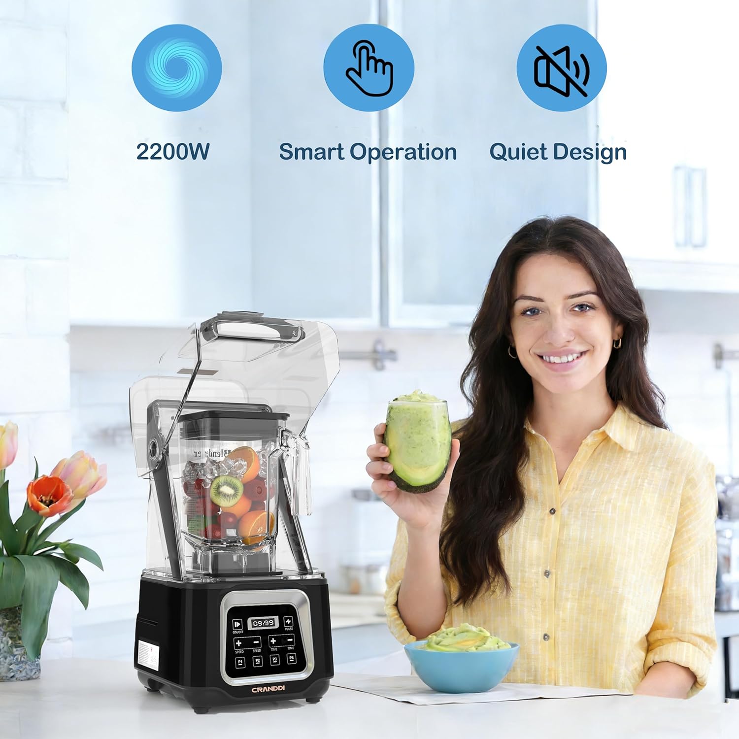 CRANDDI Commercial Smart Smoothie Blender - 2200W High-Power Professional Blenders for Smoothies & More, 4 Pre-Set Programs, Quiet Blender with Removable Shield, 52oz Jar, 120V, K80TS (Black)