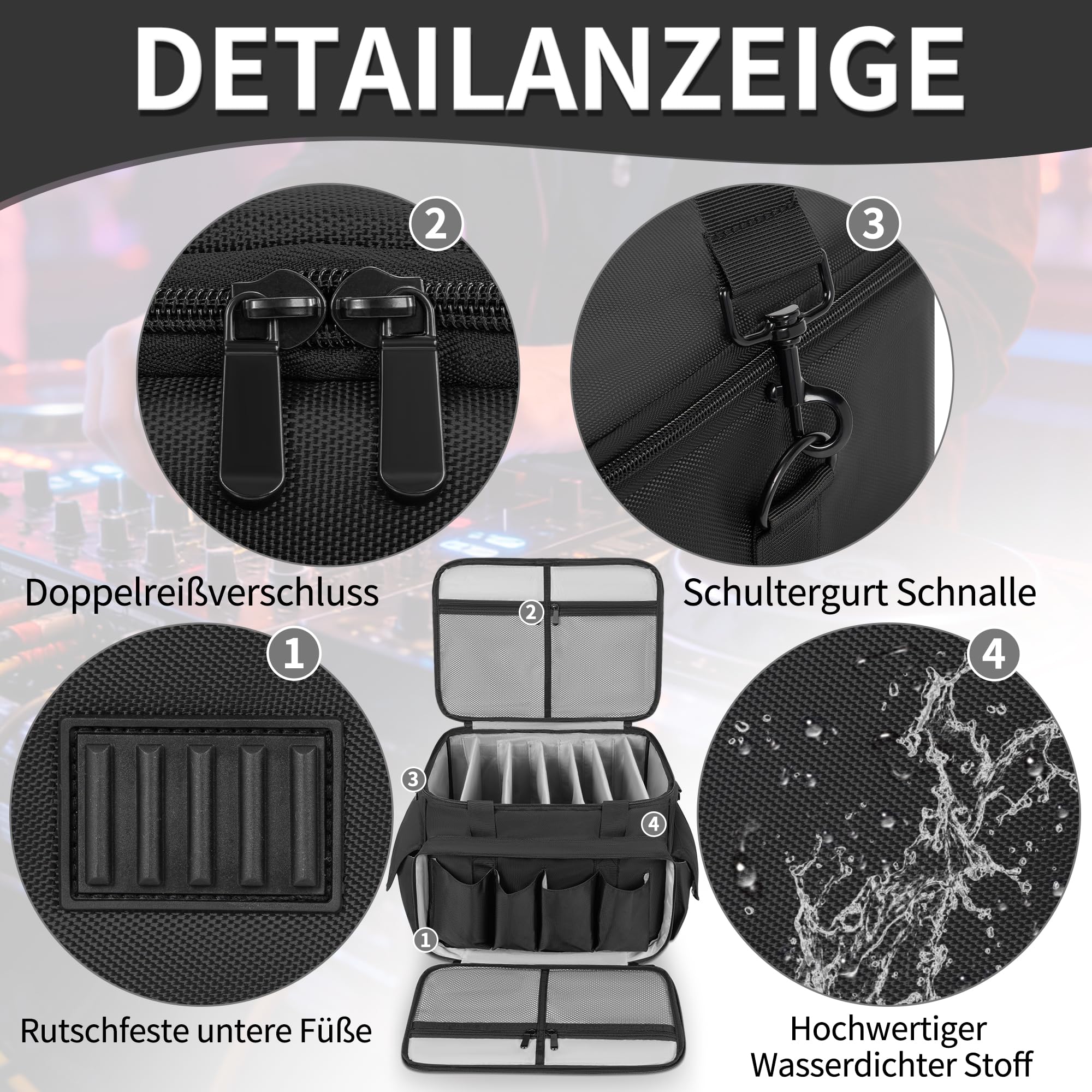 DJ Tasche, 1680D Nylon DJ Gigbag mit Abnehmbaren Trennwänden und Boden, DJ Kabel Organizer Tasche für Professionelle DJ Ausrüstung, Musikinstrumente und Zubehör, Grau (Mittlere)