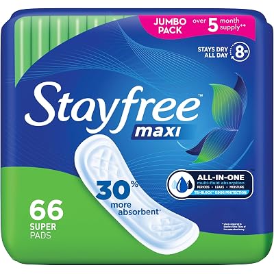 Stayfree Maxi Super Long Pads For Women, Wingless, Reliable Protection and Absorbency of Feminine Periods, 66ct