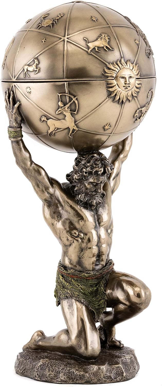 Top Collection Greek God Atlas Statue with Globe Container- Roman God of Heaven and Astronomy Sculpture in Premium Cold Cast Bronze- 12.25-Inch Office Desktop Figurine with Hidden Compartment