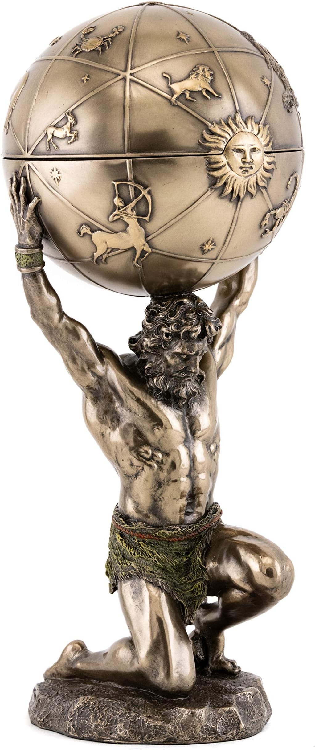 Greek God Atlas Statue with Globe Container- Roman God of Heaven and Astronomy Sculpture in Premium Cold Cast Bronze- 12.25-Inch Office Desktop Figurine with Hidden Compartment