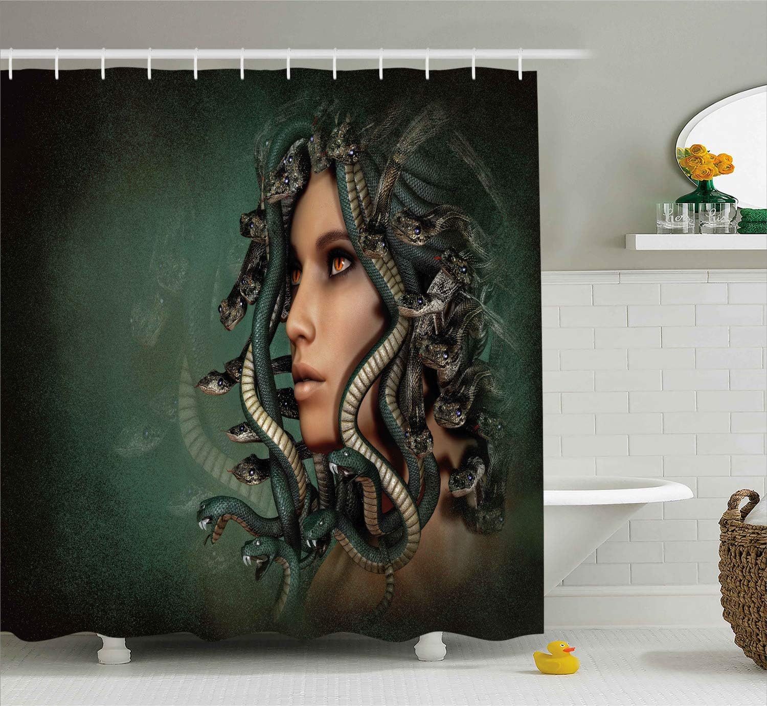 Ambesonne Mythological Shower Curtain, Woman with Snake Hair on Her Head Historic Style Myth Illustration Print, Cloth Fabric Bathroom Decor Set with Hooks, Green and Tan