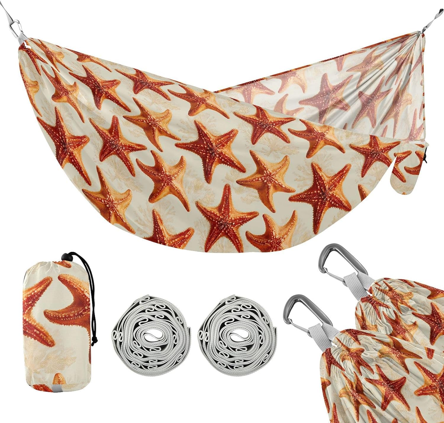 ALAZA Starfish Coral Camping Hammocks Single or 2 Person 500 lbs Portable Parachute Travel Hammock w/Tree Straps for Hiking Backpacking Indoor Outdoor