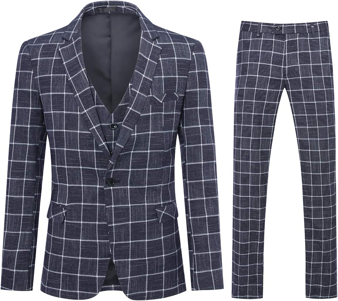 YFFUSHI Men's Plaid Tweed 3 Piece Suit Slim Fit One Button Dinner Suit Tuxedo