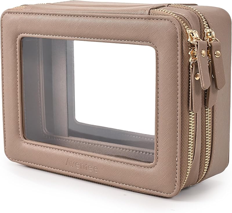 Necessaire de maquiagem Aveniee com 2 compartimentos, porta-pincéis separado, zíper, Taupe, 1 unidade