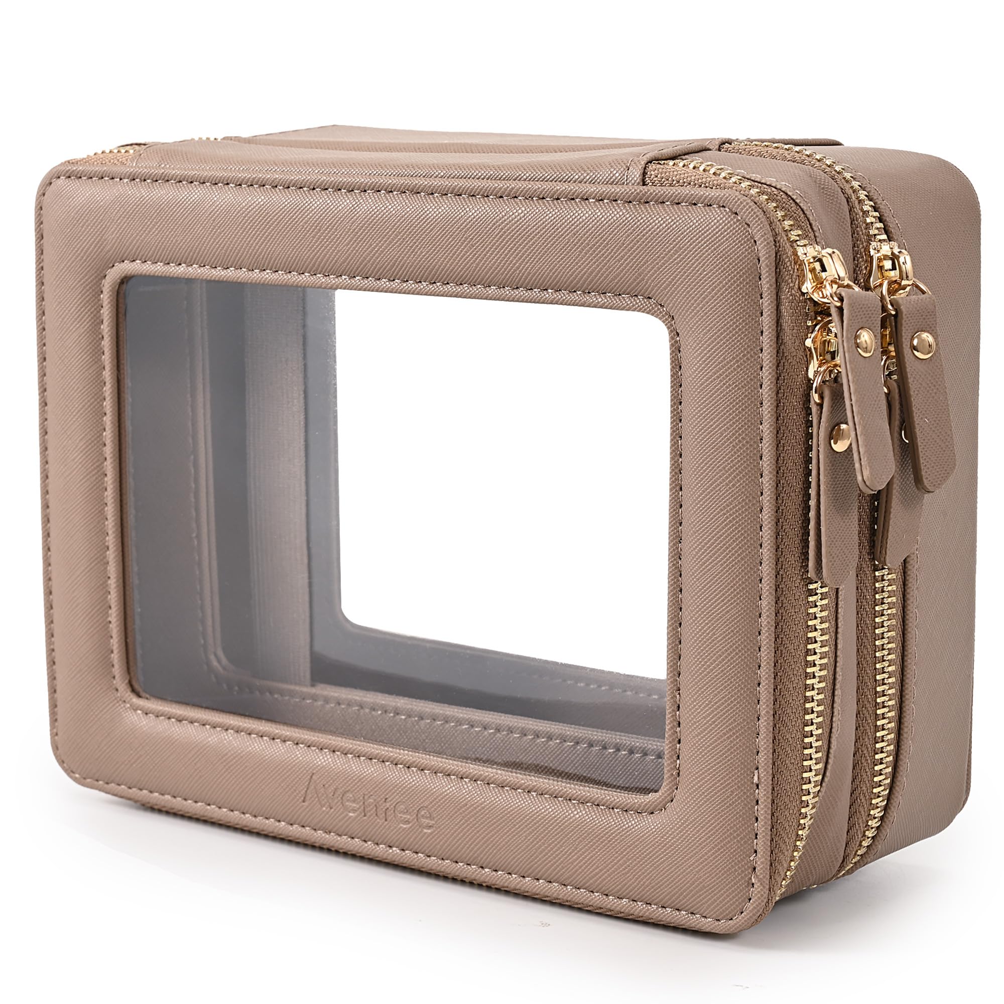 Aveniee Large Clear Makeup Bags, Double Layer Cosmetic Bags with Separate Brush Compartment,Travel Toiletry Bag Train Case,Travel Accessories Organizer for Women,2 Layers,Brown
