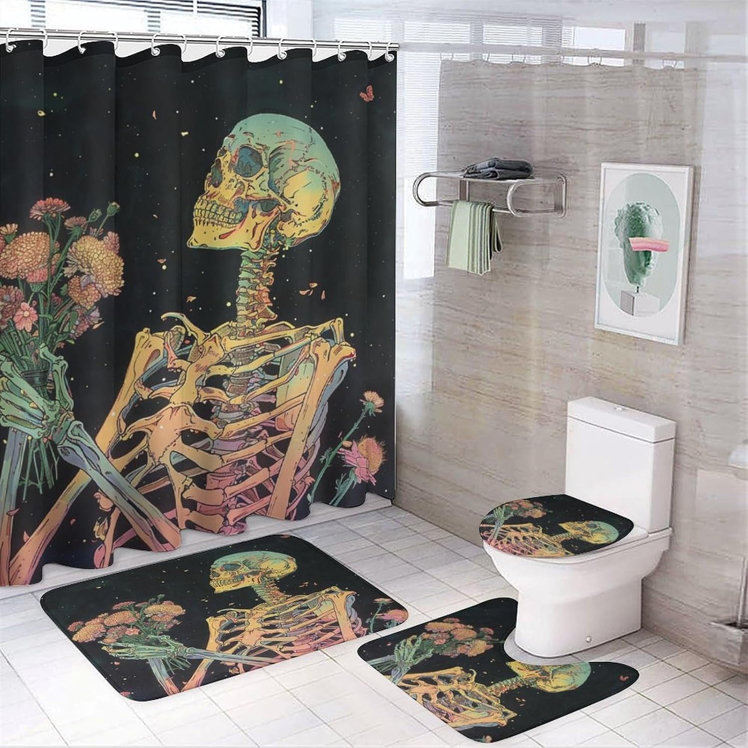 4Pcs Starry Sky Skeleton Bouquet Shower Curtain Set with Toilet Lid Cover U-Shaped Mat and Non-Slip Rugs, Gothic Skull Star Floral Black Shower Curtain Bathroom Decor Set, 72" x 72"