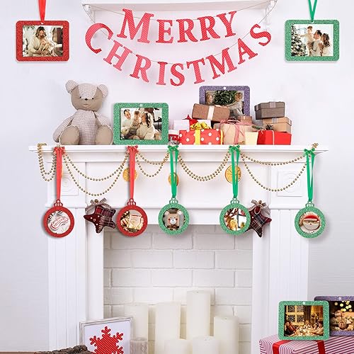 Miniatura 3 de Queekay 48 adornos navideños para colgar fotos, marco de fotos para árbol, marco de fotos pequeño con purpurina para bricolaje, manualidades,