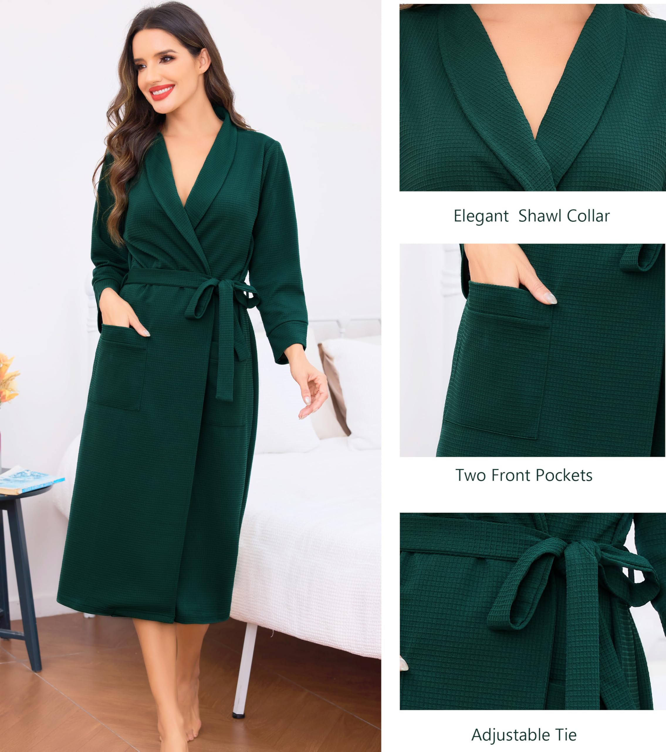 Vlazom Albornoz para mujer, de punto gofre, ligero, largo, de algodón suave, cuello de chal, albornoz de spa con bolsillos para todas las estaciones, S-3XL