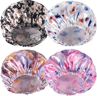 4 PCS Shower Caps for Women, Printing Bath Caps, Double Layers Shower Cap Reusable Waterproof, Bathing Shower Caps, Environmental Protection Hair Bath Hat - Flower C