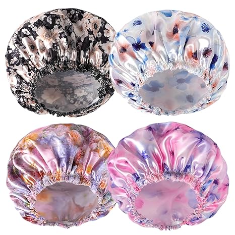 Shower Caps for Women, 4 PCS Elastic and Reusable Bath Caps, Double Waterproof Layers Shower Cap, Bathing Shower Caps, Environmental Protection Hair Bath Hat - Solid Color